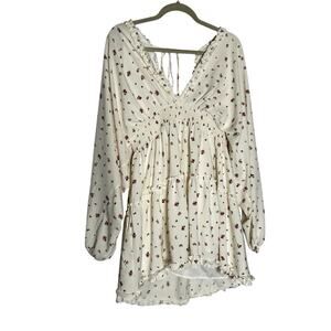 Blush Mark Cream Floral V Neck Smocked Waist Cut Out Low Back Long Sleeve Dress